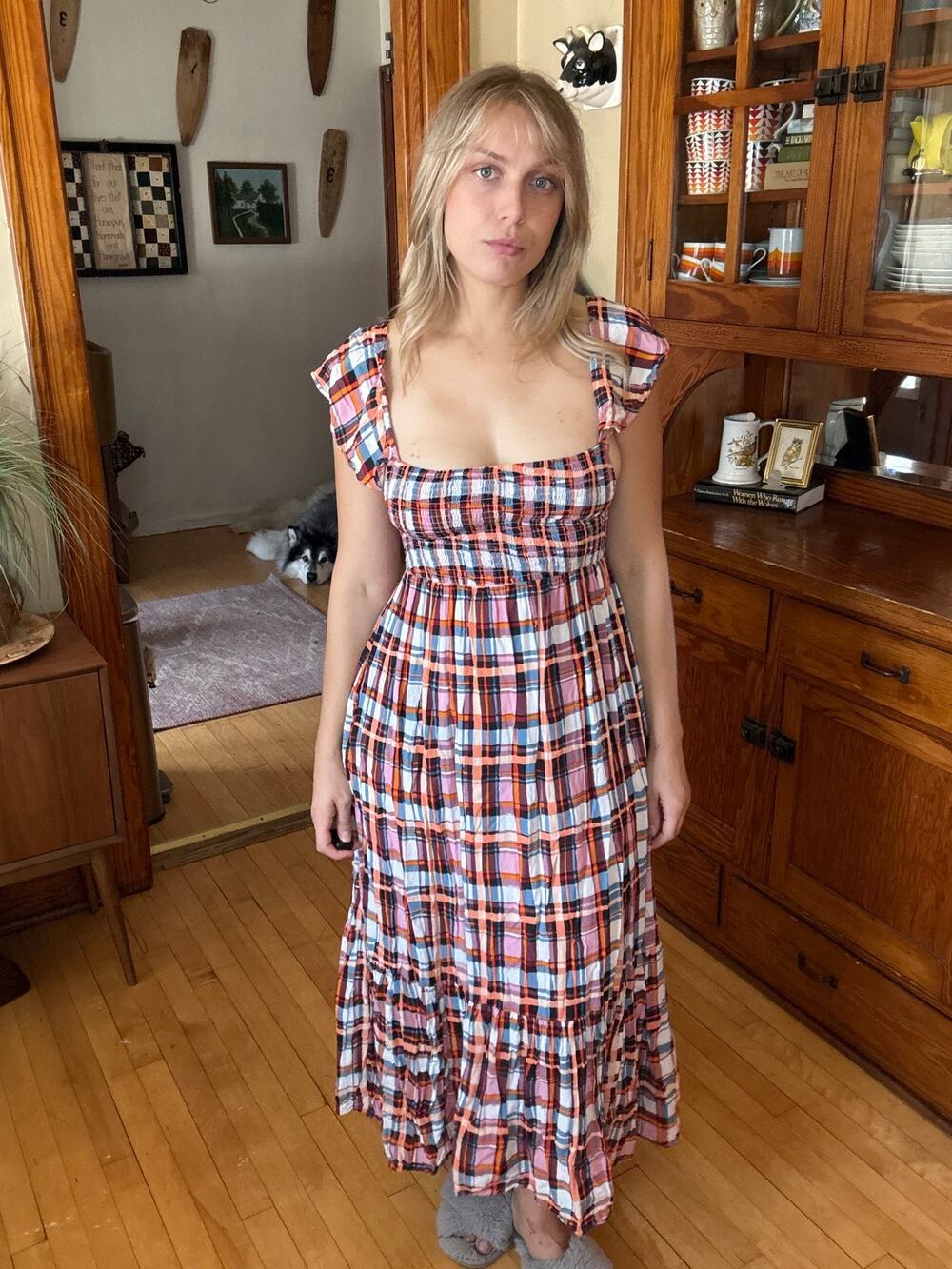 Anthropologie Plaid Smocked Dress Medium Pleated Gingham Ruffle Prairie Western